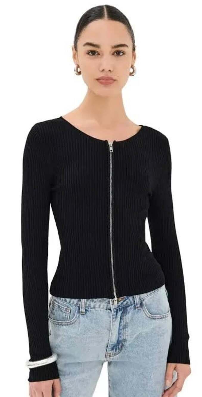 GOOD AMERICAN Virgo Rib Zip Front Sz L Black Sweater 90s Y2K Streetwear Goingout - Picture 3 of 15